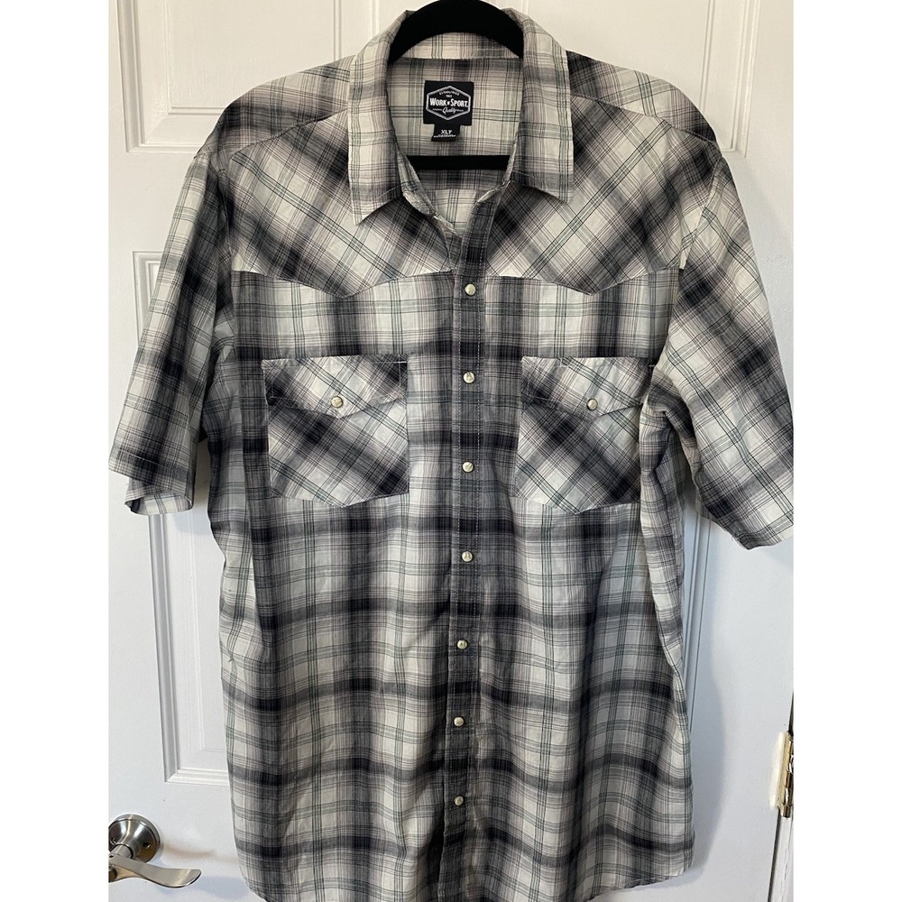 Work N Sport Mens Size‎ X-Large Pearl Snap Front Shirt Gray Plaid Short Sleeve